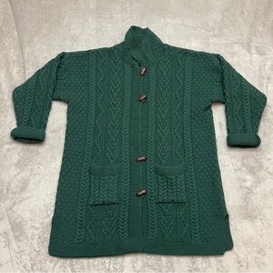 Aran Crafts Sweater Womens L Green Merino Wool Long Cardigan Made in Ireland